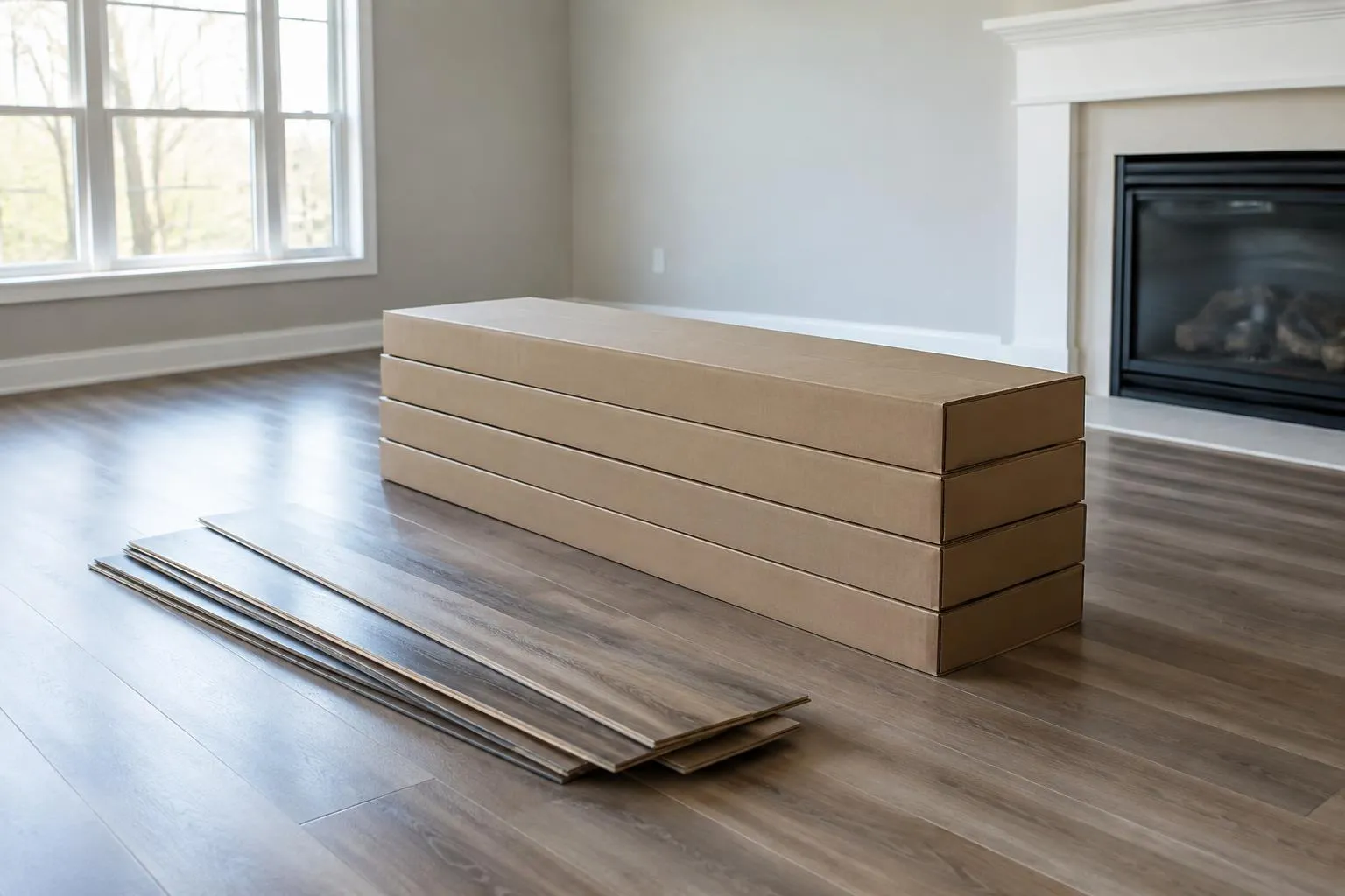 Stack of unopened plain flooring boxes and loose wood-look plank samples in a tidy empty room