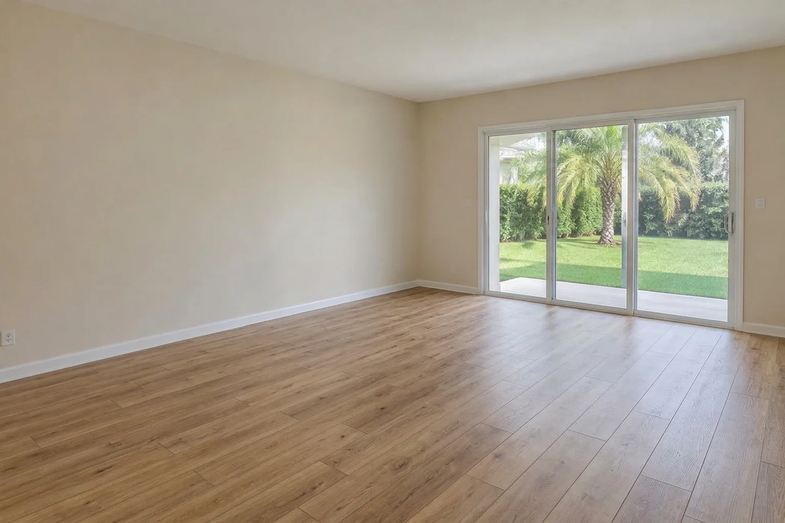 AI-generated proposed LVP concept: warm oak-look planks in a cream-walled Florida living room with sliding glass doors.