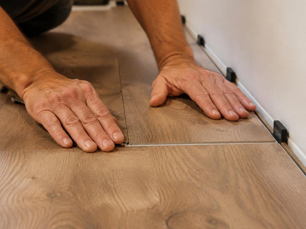 Installer pressing a luxury vinyl plank into place beside the wall spacers (illustrative image)
