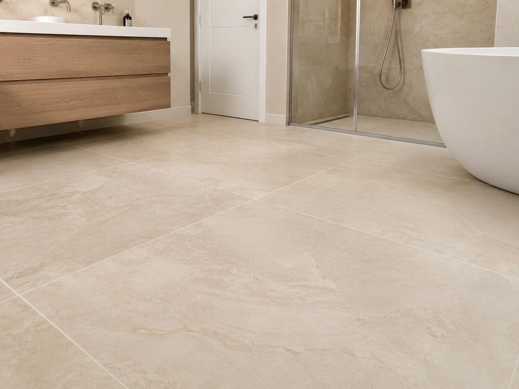 Large-format ivory porcelain tile floor in a bathroom (illustrative image)